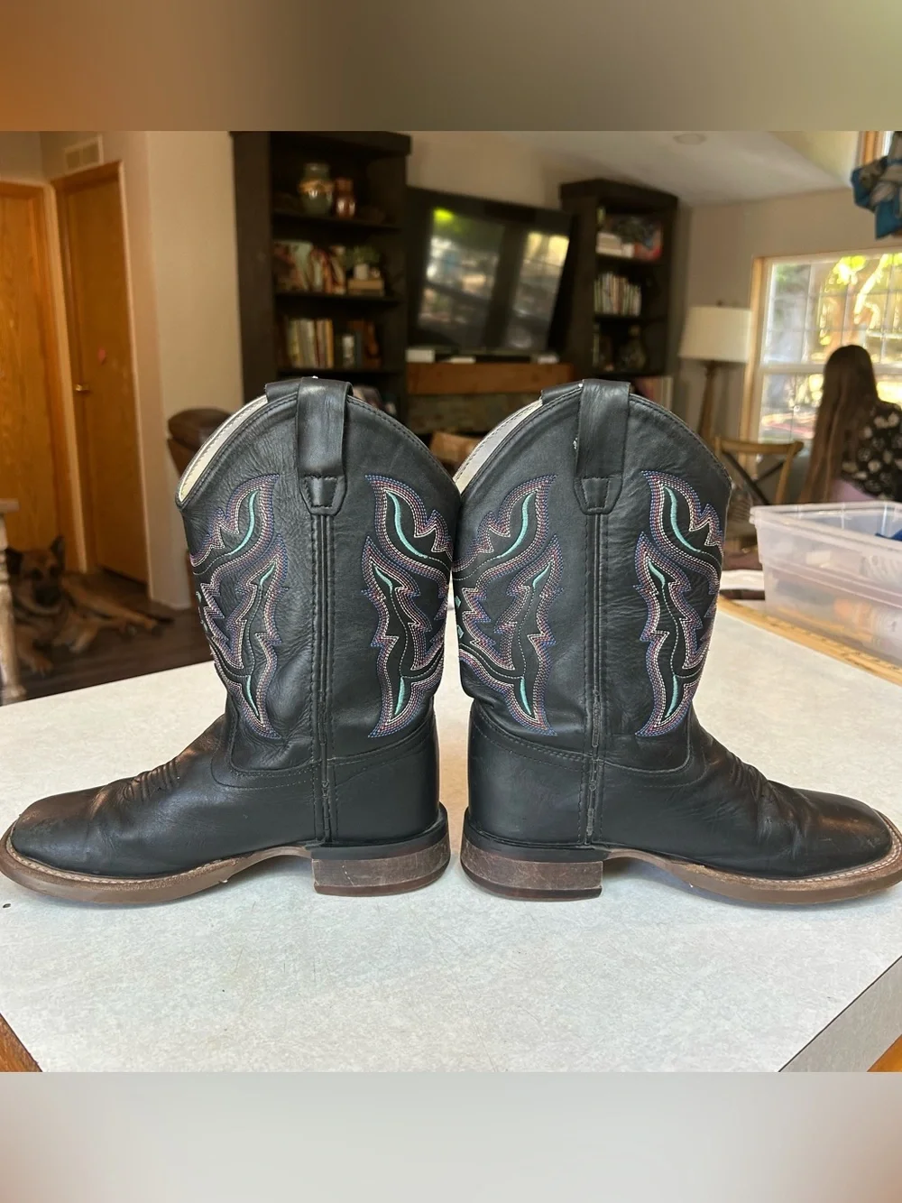 Old West Black Kids Western Boots Square Toe with Teal Accent Stitching